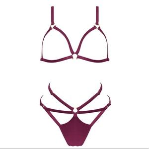 NWT Studio Pia Clea Cage Bra, and ouvert strap knicker, Mulberry, xs
